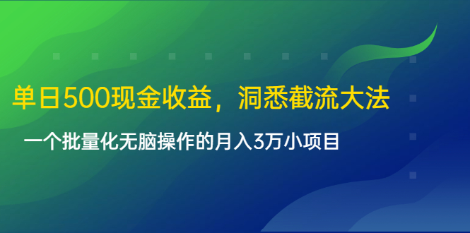 单日500现金收益，洞悉截流大法，一个批量化无脑操作的月入3万小项目-无痕资源库