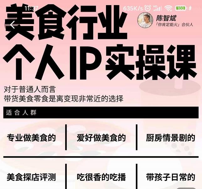 美食行业个人IP实操课，对于普通人而言，带货美食零食是离变现非常近的选择-无痕资源库