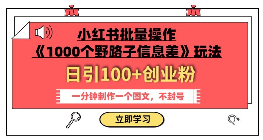 小红书批量操作《1000个野路子信息差》玩法，一分钟制作一个图文，不封号，日引100+创业粉-无痕资源库