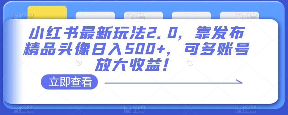 小红书最新玩法2.0，靠发布精品头像日入500+，可多账号放大收益！【揭秘】-无痕资源库