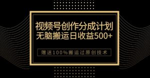 最新视频号创作分成计划，无脑搬运一天收益500+，100%搬运过原创技巧【揭秘】-无痕资源库