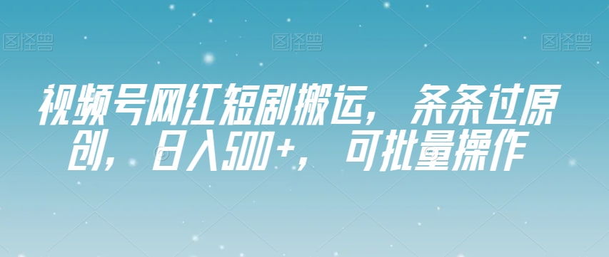 视频号网红短剧搬运，条条过原创，日入500+，可批量操作【揭秘】-无痕资源库