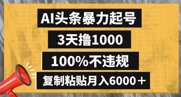 AI头条暴力起号，3天撸1000,100%不违规，复制粘贴月入6000＋【揭秘】-无痕资源库