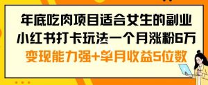 年底吃肉项目适合女生的副业小红书打卡玩法一个月涨粉6万+变现能力强+单月收益5位数【揭秘】-无痕资源库