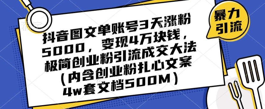 抖音图文单账号3天涨粉5000，变现4万块钱，极简创业粉引流成交大法-无痕资源库