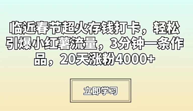 临近春节超火存钱打卡，轻松引爆小红薯流量，3分钟一条作品，20天涨粉4000+【揭秘】-无痕资源库
