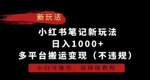小红书笔记新玩法，日入1000+，多平台搬运变现（不违规），小白可操作，保姆级教程【揭秘】-无痕资源库