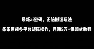 最新ai流量密码，傻瓜式搬运玩法，条条原创，多平台矩阵操作，月赚5万+保姆式教程【揭秘】-无痕资源库