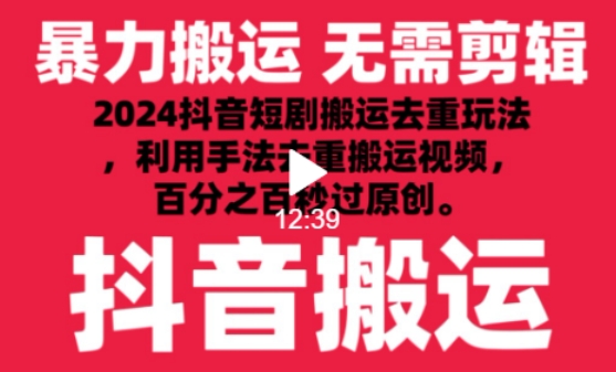 2024最新抖音搬运技术，抖音短剧视频去重，手法搬运，利用工具去重，达到秒过原创的效果【揭秘】-无痕资源库