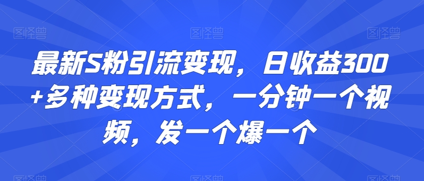 最新S粉引流变现，日收益300+多种变现方式，一分钟一个视频，发一个爆一个【揭秘】-无痕资源库