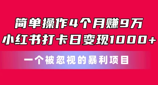 简单操作4个月赚9w，小红书打卡日变现1k，一个被忽视的暴力项目【揭秘】-无痕资源库