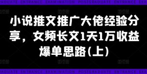 小说推文推广大佬经验分享，女频长文1天1万收益爆单思路(上)-无痕资源库