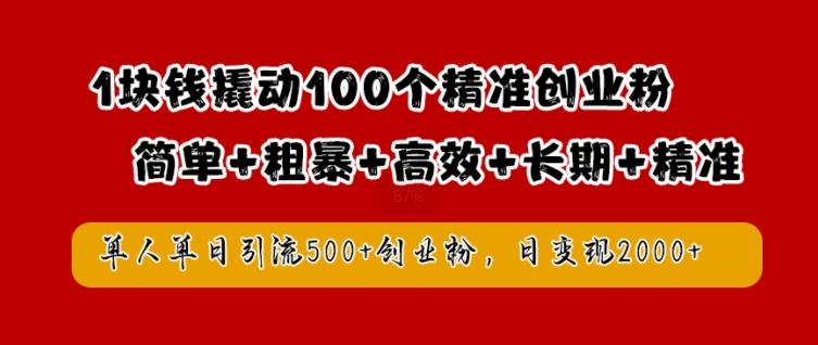 1块钱撬动100个精准创业粉,简单粗暴高效长期精准,单人单日引流500+创业粉,日变现2k【揭秘】-无痕资源库