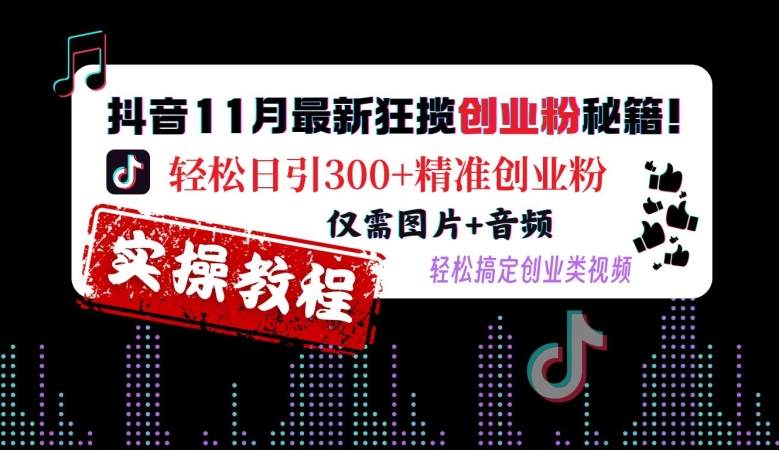 抖音11月最新狂揽创业粉秘籍，轻松日引300+精准创业粉，仅需图片+音频，轻松搞定创业类视频-无痕资源库