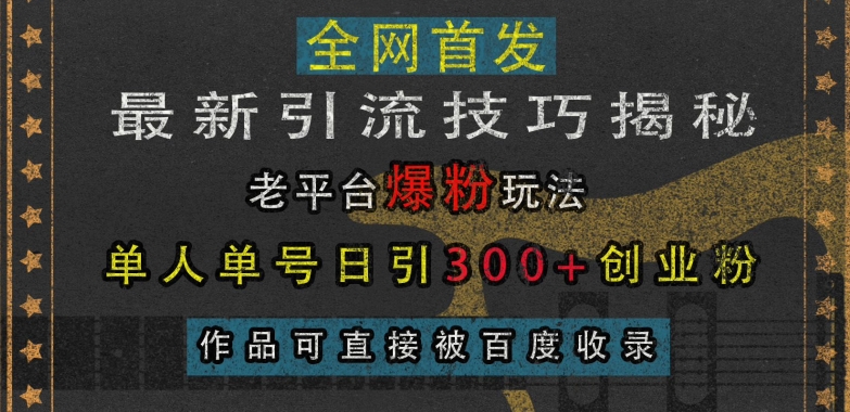 最新引流技巧揭秘，老平台爆粉玩法，单人单号日引300+创业粉，作品可直接被百度收录-无痕资源库