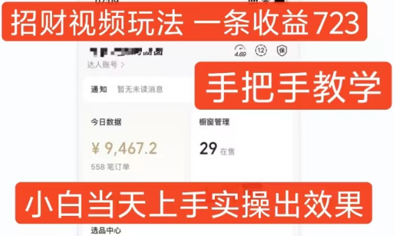 招财视频玩法,一条视频收益723,手把手教学,小白当天可上手-无痕资源库