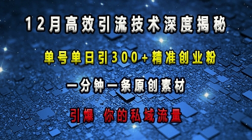 最新高效引流技术深度揭秘 ,单号单日引300+精准创业粉,一分钟一条原创素材,引爆你的私域流量-无痕资源库