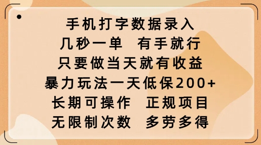 手机打字数据录入，几秒一单，有手就行，只要做当天就有收益，暴力玩法一天低保2张-无痕资源库