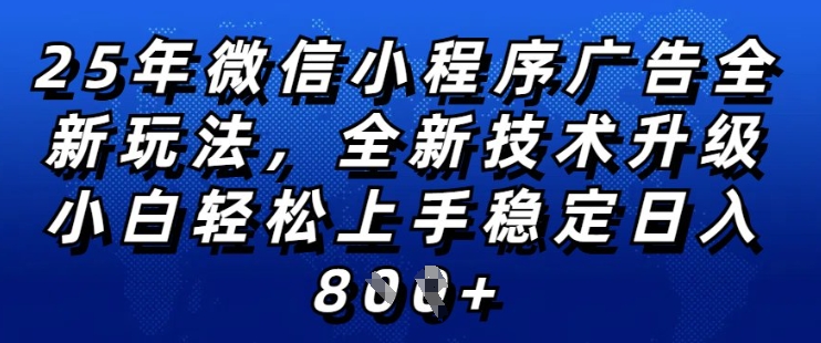 2025年微信小程序全新玩法纯小白易上手，稳定日入多张，技术全新升级，全网首发【揭秘】-无痕资源库